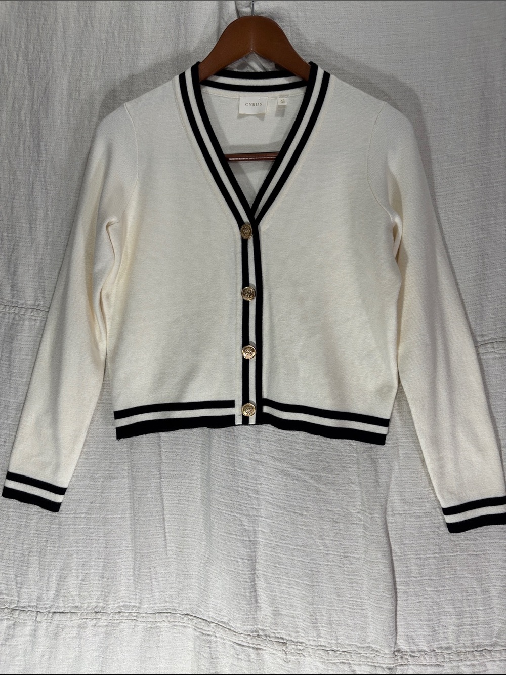Cyrus Ivory V-Neck Cardigan Sweater Black Contrast Trim Gold Buttons XS